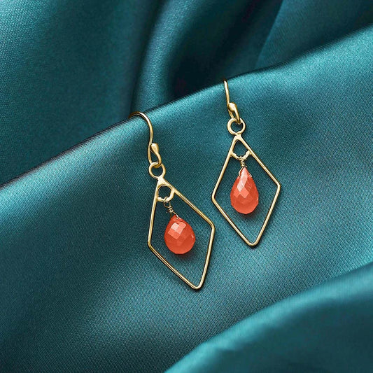 Pure Silver Earrings - Diamond Shaped Carnelian Drop - Tweov Jewels