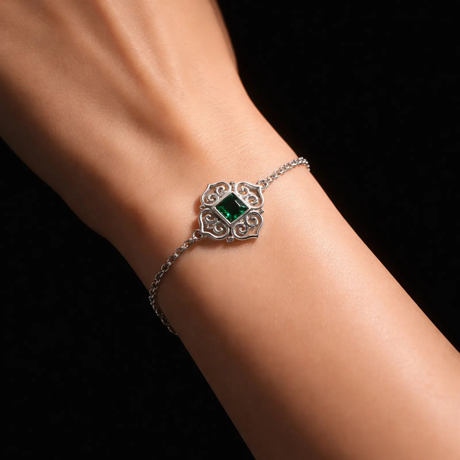 Emerald Square Filigree Bracelet For Women – 925 Sterling Silver Rhodium Plated