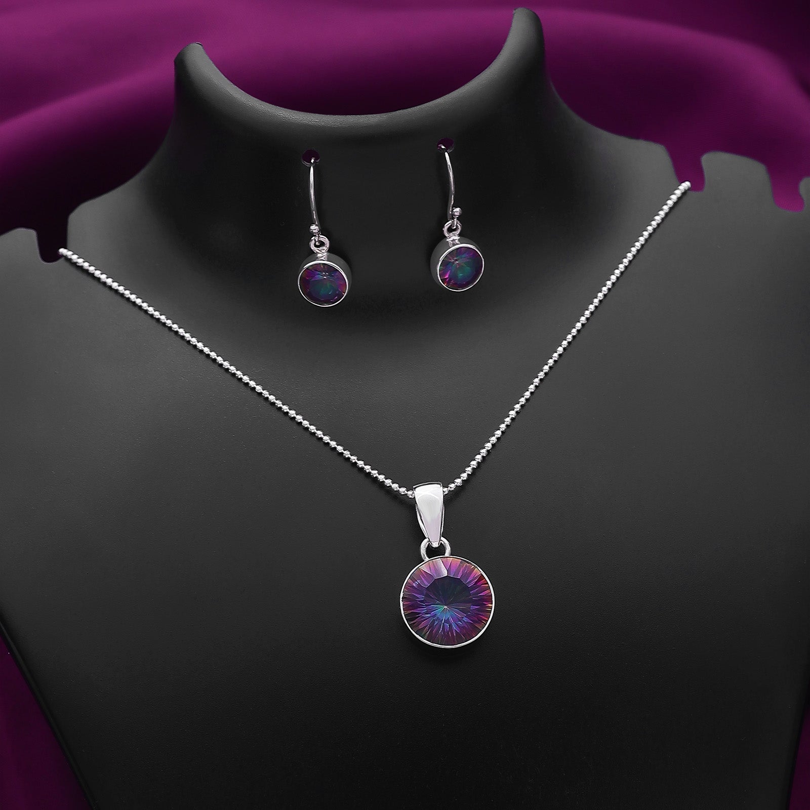 Silver Mystic Topaz Round Pendant & Earrings Set - Tweov Jewels