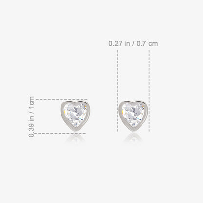 White Heart CZ Bezel Stud Earrings For Women – 925 Sterling Silver Rhodium Plated