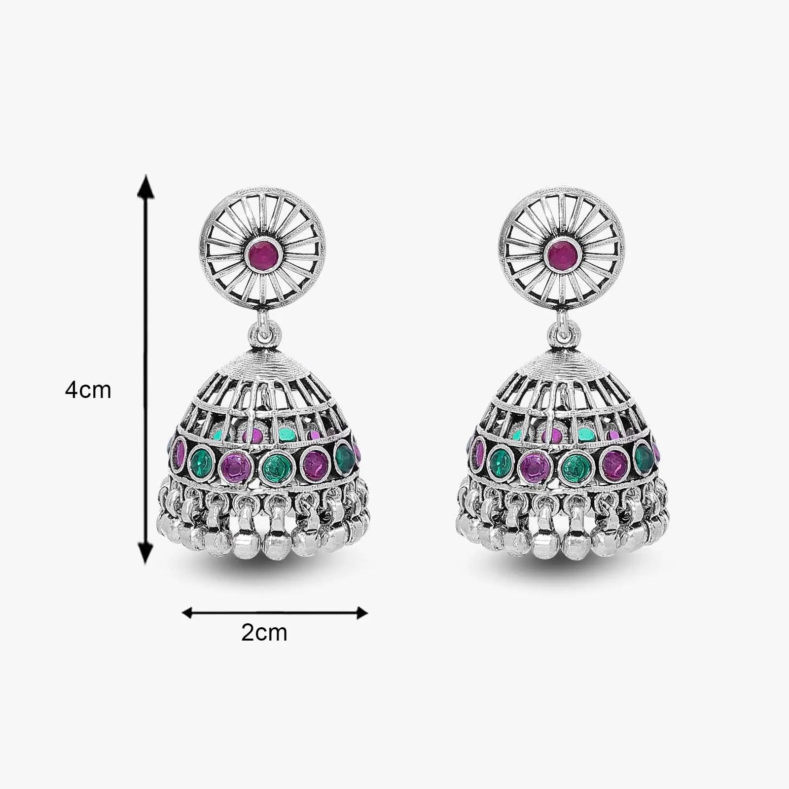 Pink & Green Stone Silver Jhumka Earrings - Tweov Jewels