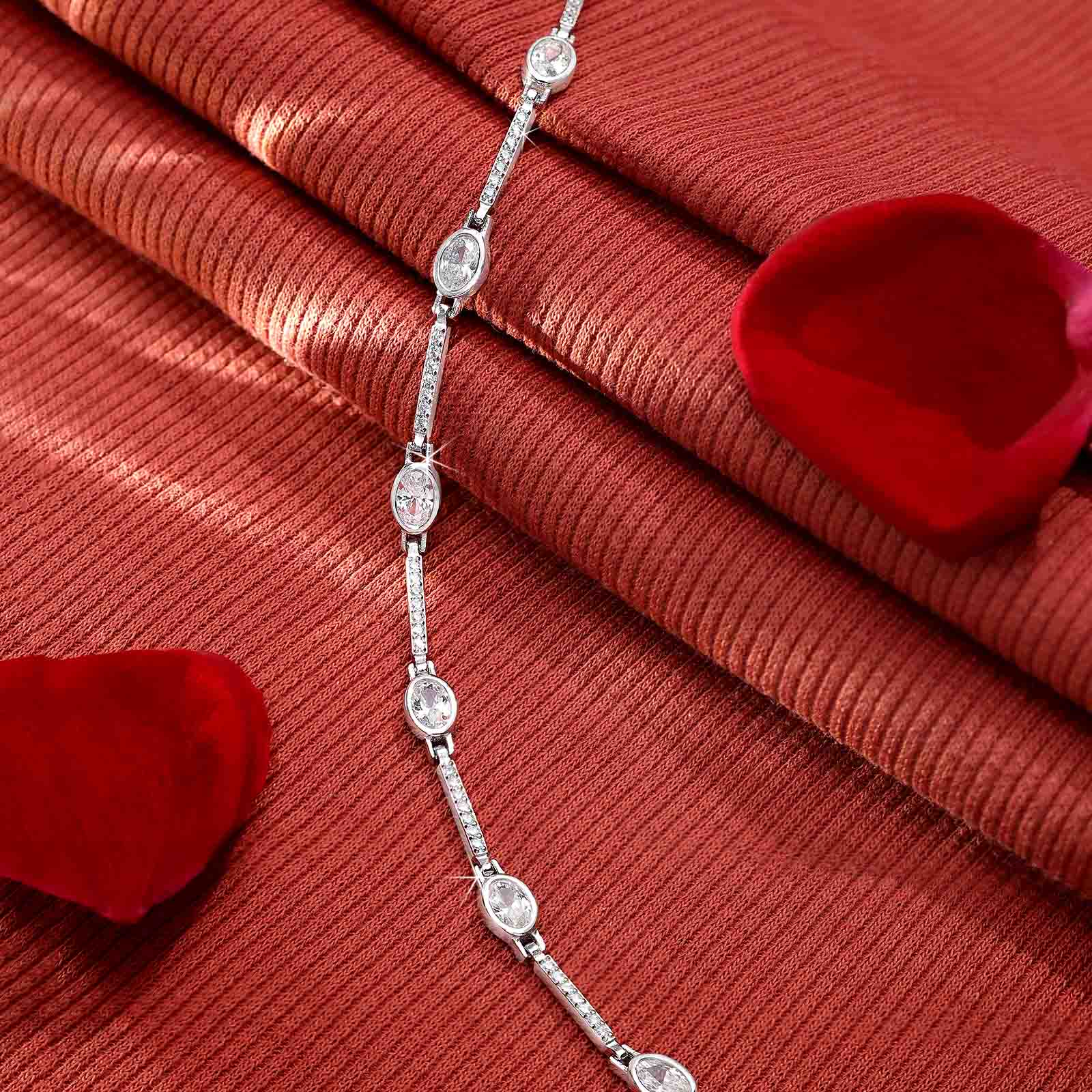925 Sterling Silver Shiny White Cubic Zirconia Chain Bracelet - Tweov Jewels