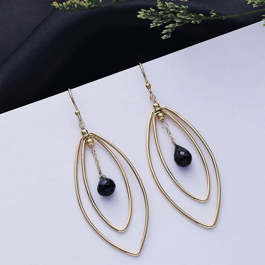 Pure Silver Earrings - Long Black Onyx Danglers With Gold Finish - Tweov Jewels