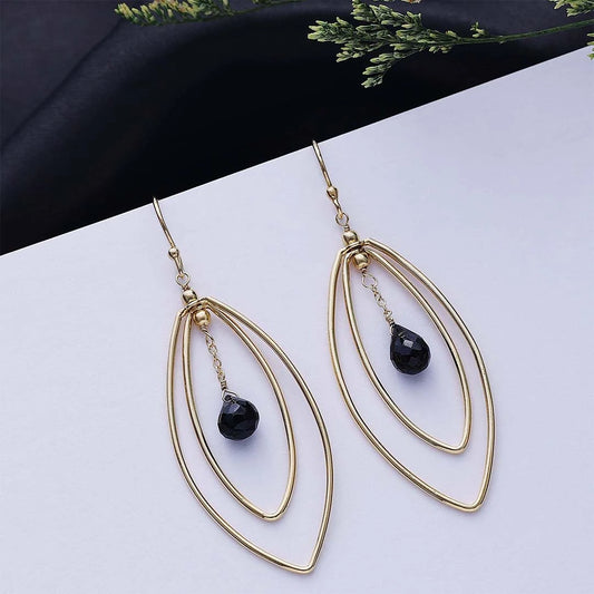 Pure Silver Earrings - Long Black Onyx Danglers With Gold Finish - Tweov Jewels