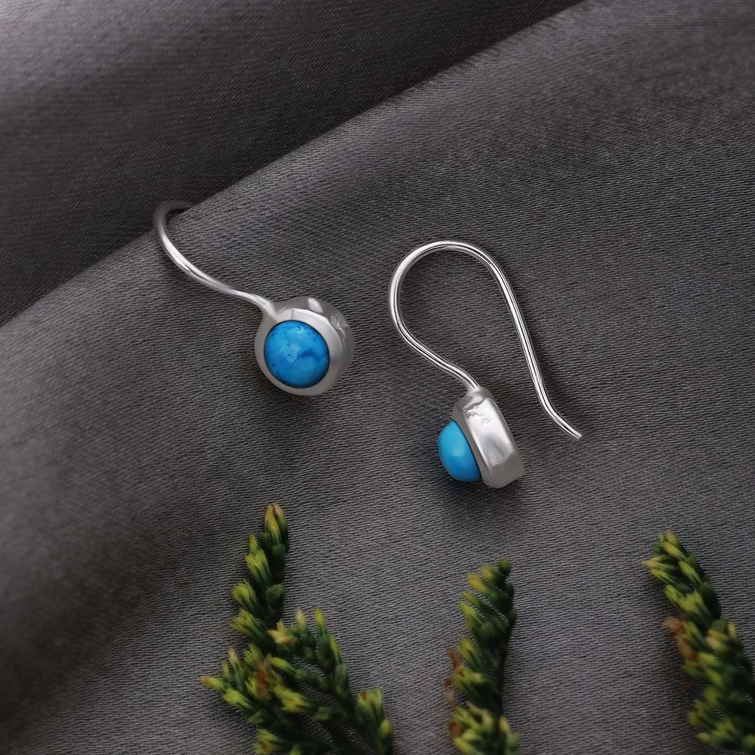 Pure Silver Earrings - Tiny Firoza Gemstone Dangle - Tweov Jewels