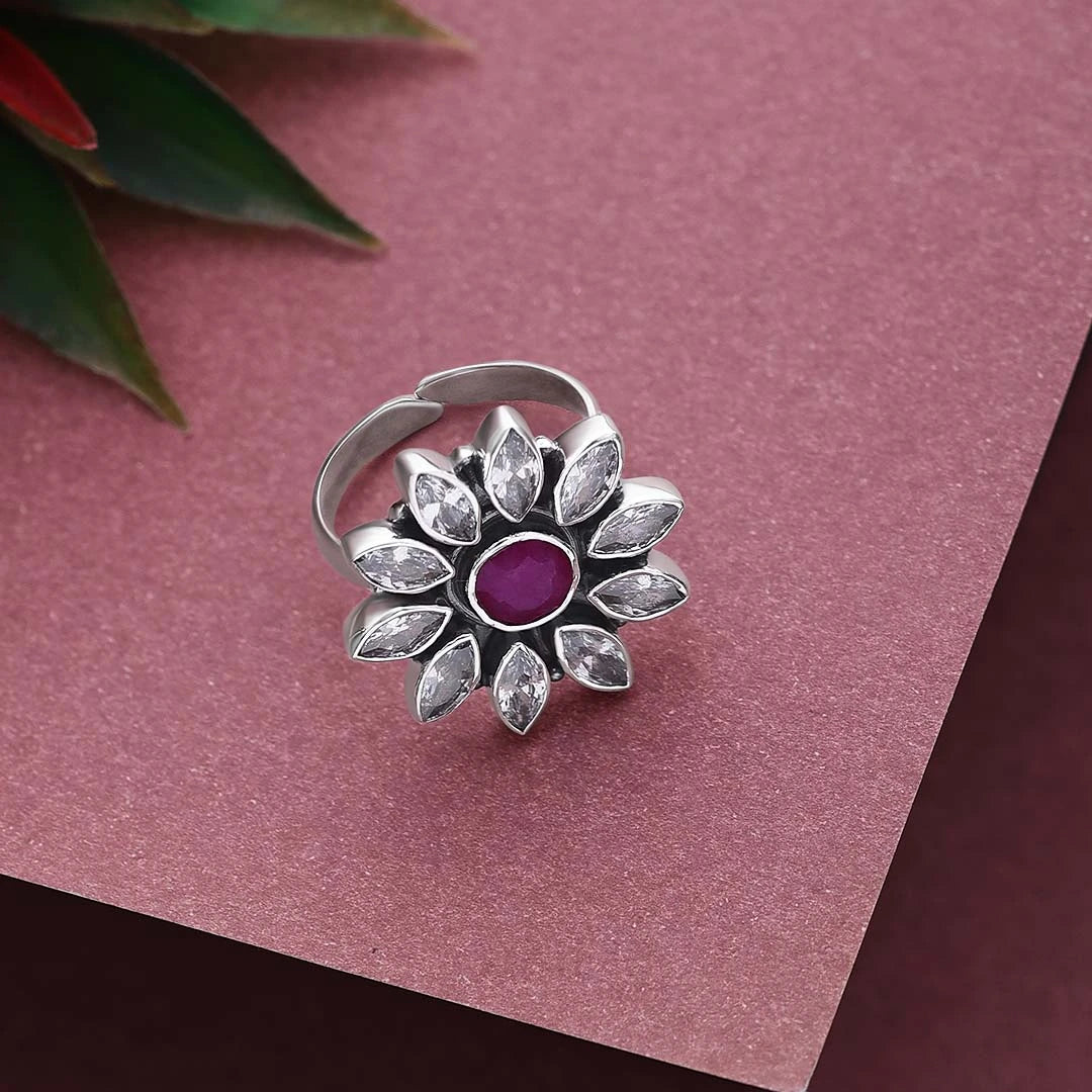 Pure Silver Ring - Antique Floral Pink Ruby Stone - Tweov Jewels