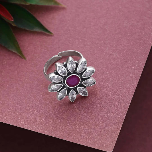 Pure Silver Ring - Antique Floral Pink Ruby Stone - Tweov Jewels