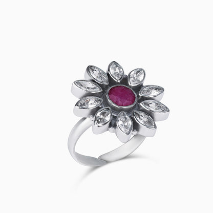 Pure Silver Ring - Antique Floral Pink Ruby Stone - Tweov Jewels