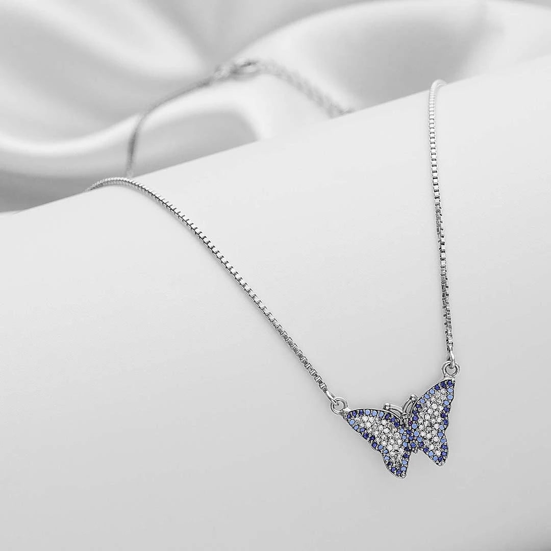 Pure 925 Silver Necklace - Attractive Butterfly With Multicolor CZ - Tweov Jewels