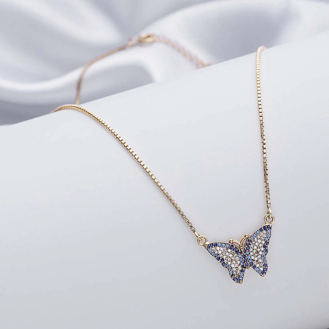 Pure 925 Silver Necklace - Multicolor CZ Butterfly With Gold Finish - Tweov Jewels