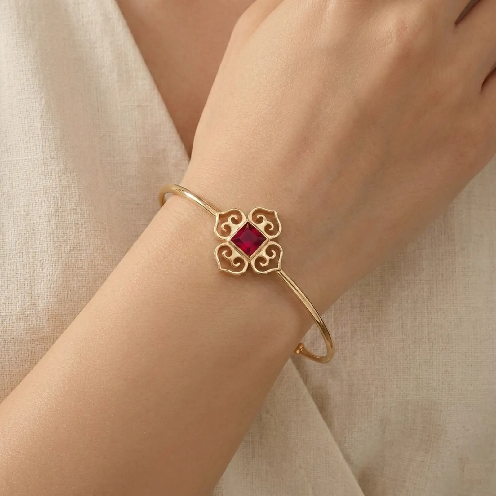Rose Gold Pink Stone Floral Silver Cuff Bracelet