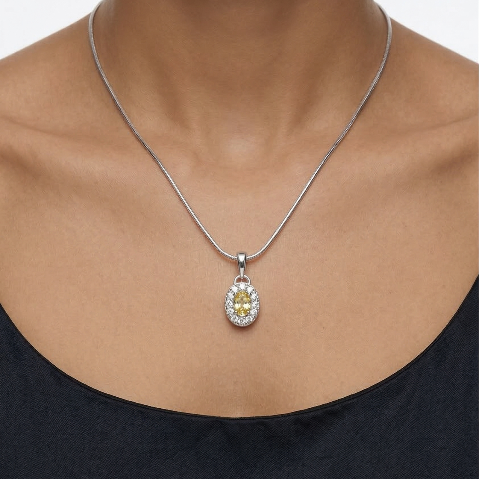 Yellow Oval Cut CZ Pendant Chain For Women – 925 Sterling Silver Rhodium Plated