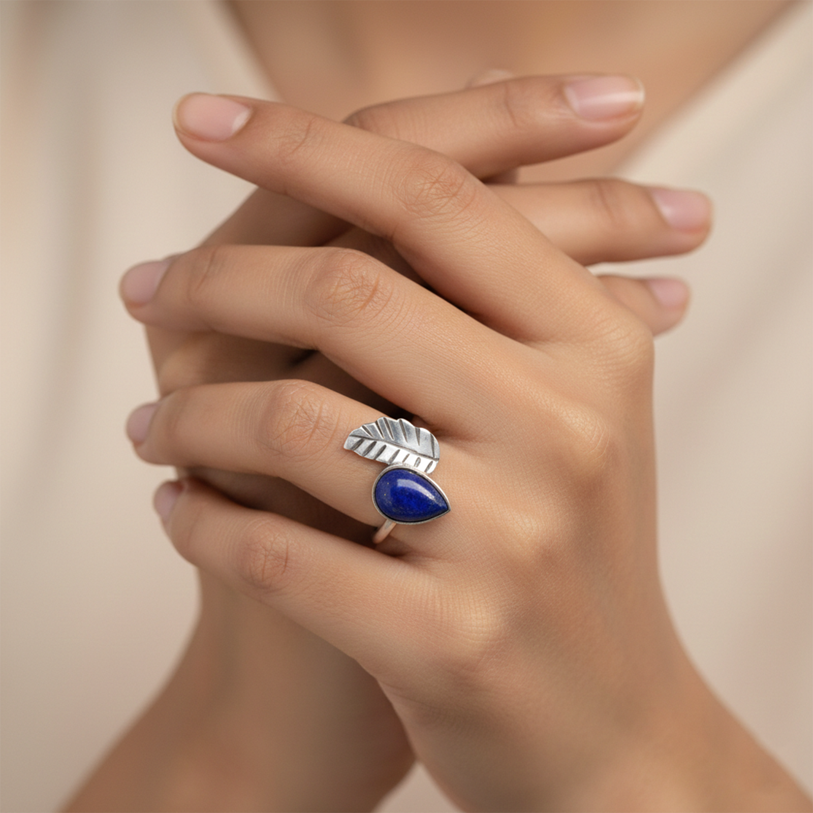 Silver Blue Stone Studded Leaf Band Ring