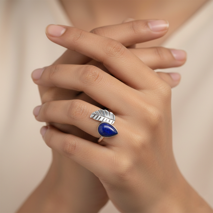 Silver Blue Stone Studded Leaf Band Ring