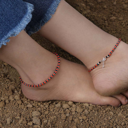 Pure Silver Anklet - Stylish Duo Red-Black Beads - Tweov Jewels