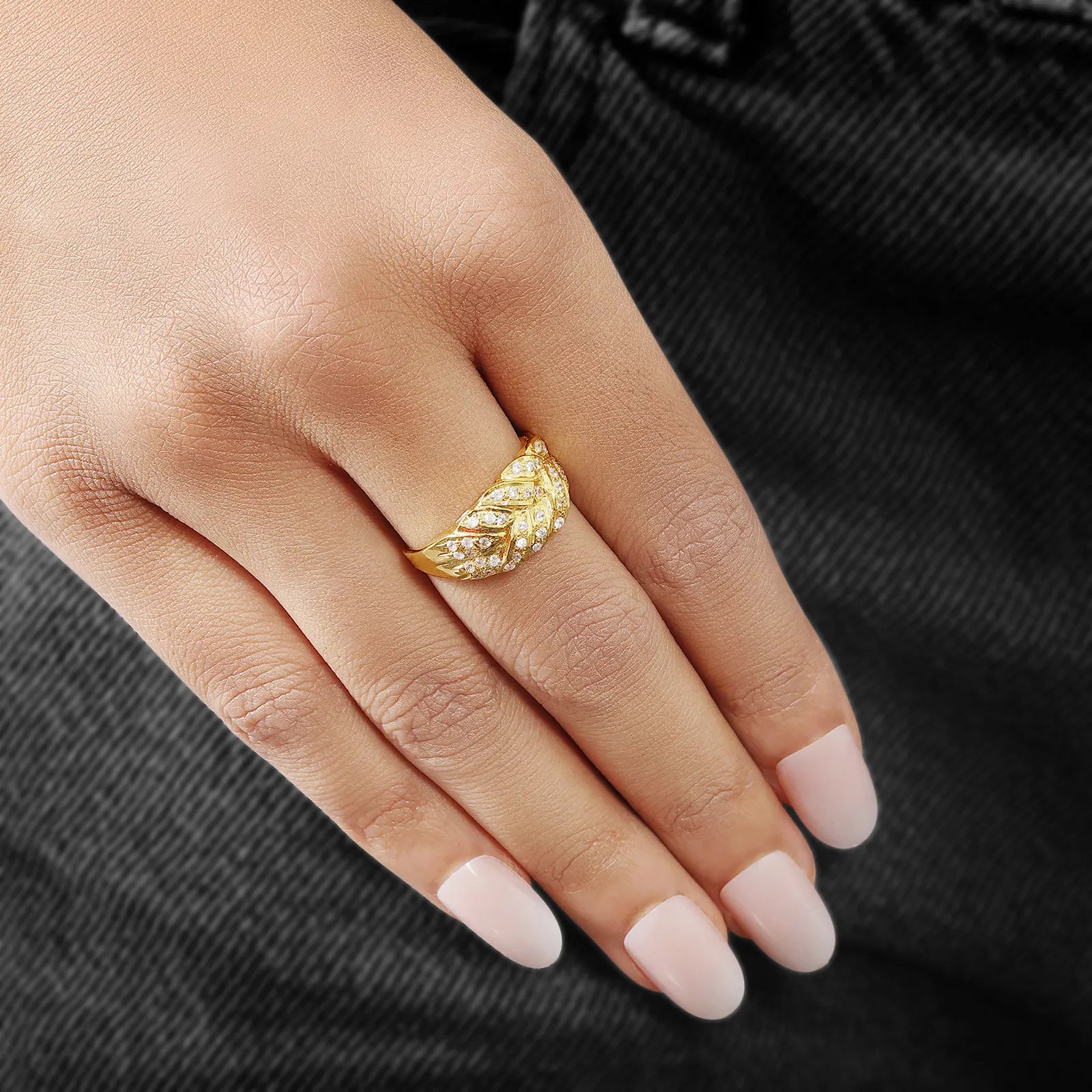 Gold Plated AD Wide Silver Leaf Ring - Tweov Jewels