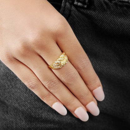 Gold Plated AD Wide Silver Leaf Ring - Tweov Jewels