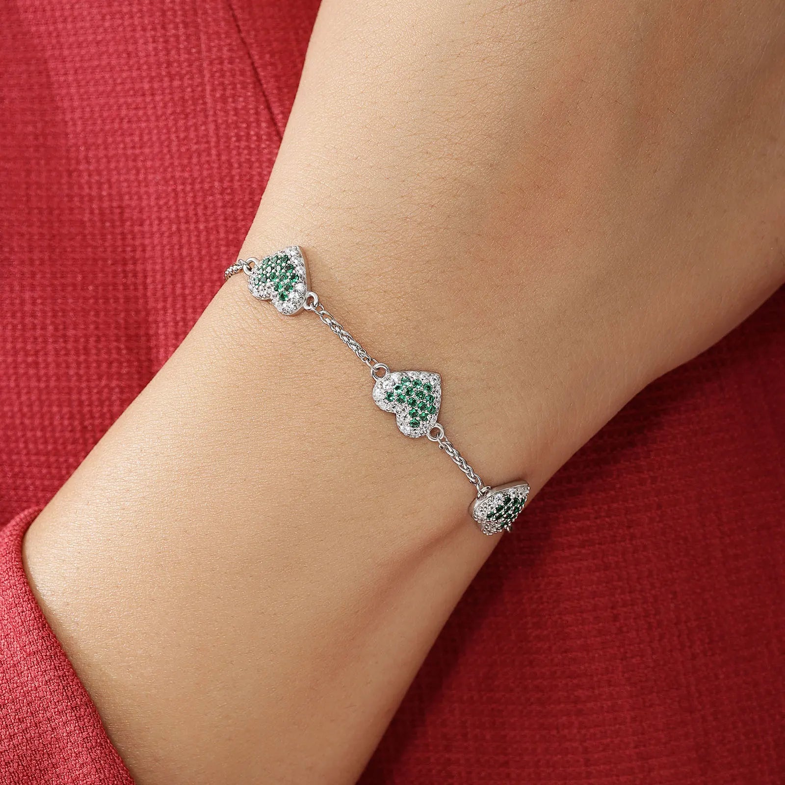 Emerald Triple Heart Bracelet For Women – 925 Sterling Silver Rhodium Plated