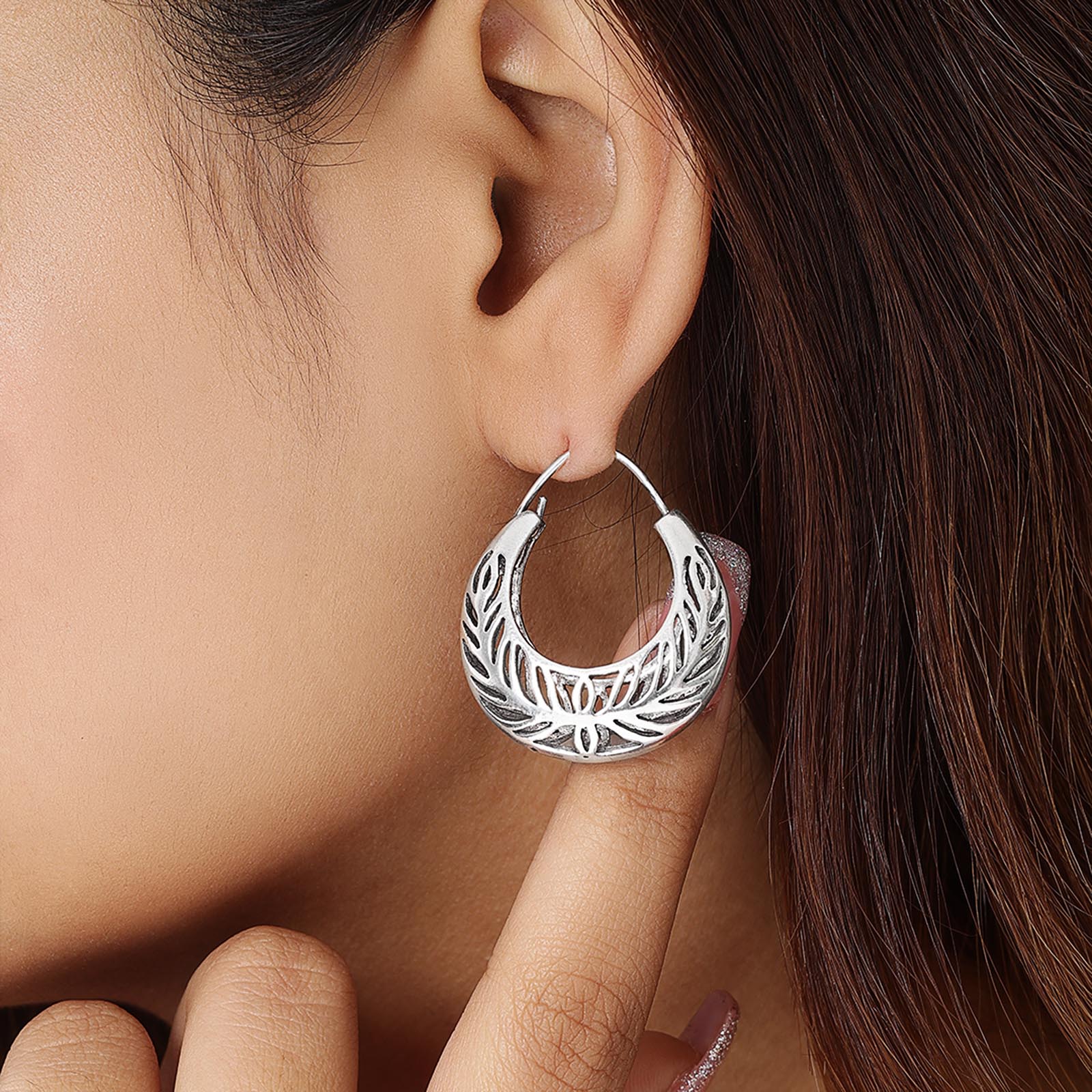 Pure 925 Silver Earrings - Leaf-Carved Hoops With Grace - Tweov Jewels
