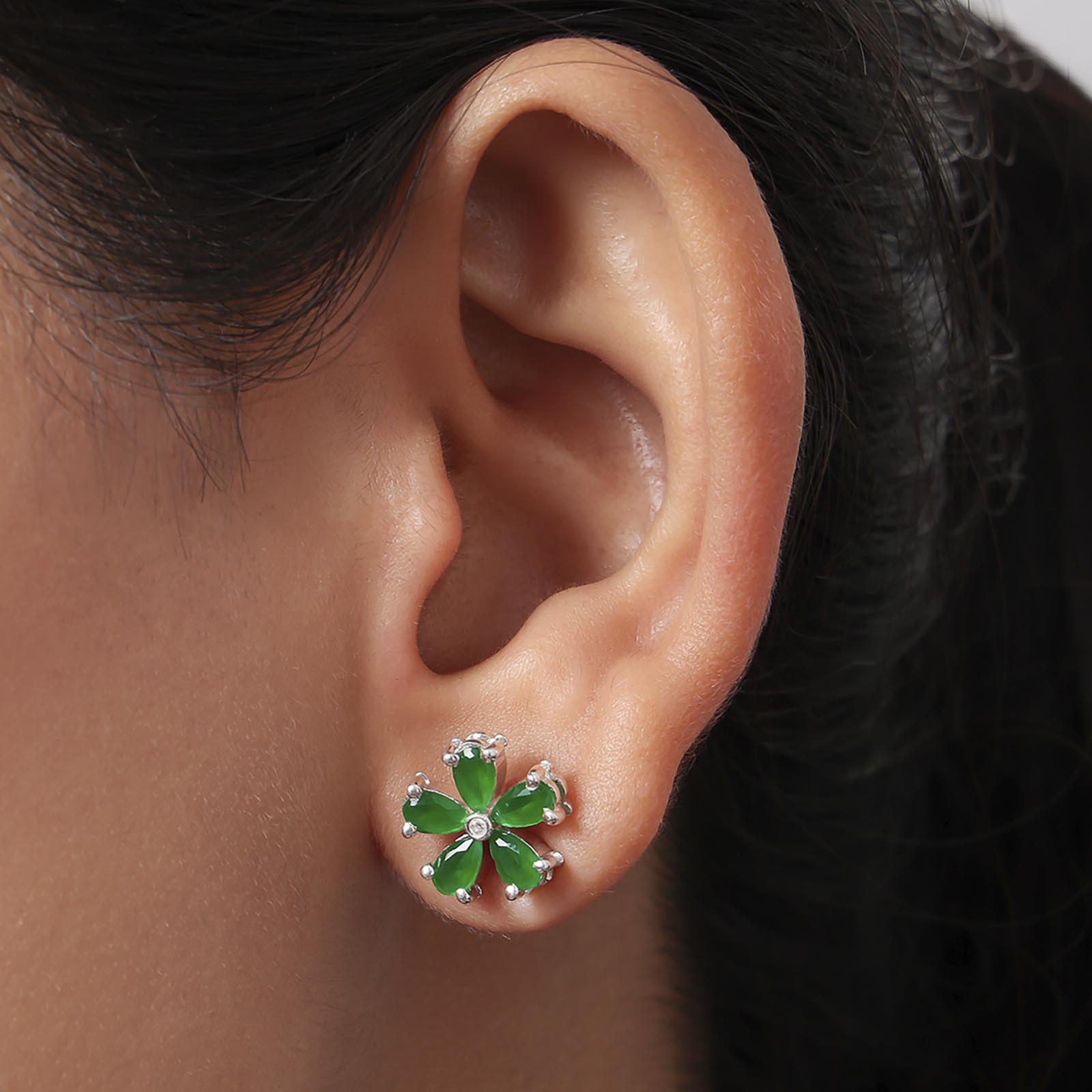 Floral Green Silver Stud Earrings - Tweov Jewels