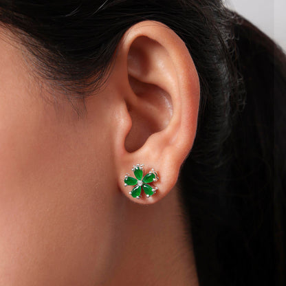 Floral Green Silver Stud Earrings - Tweov Jewels