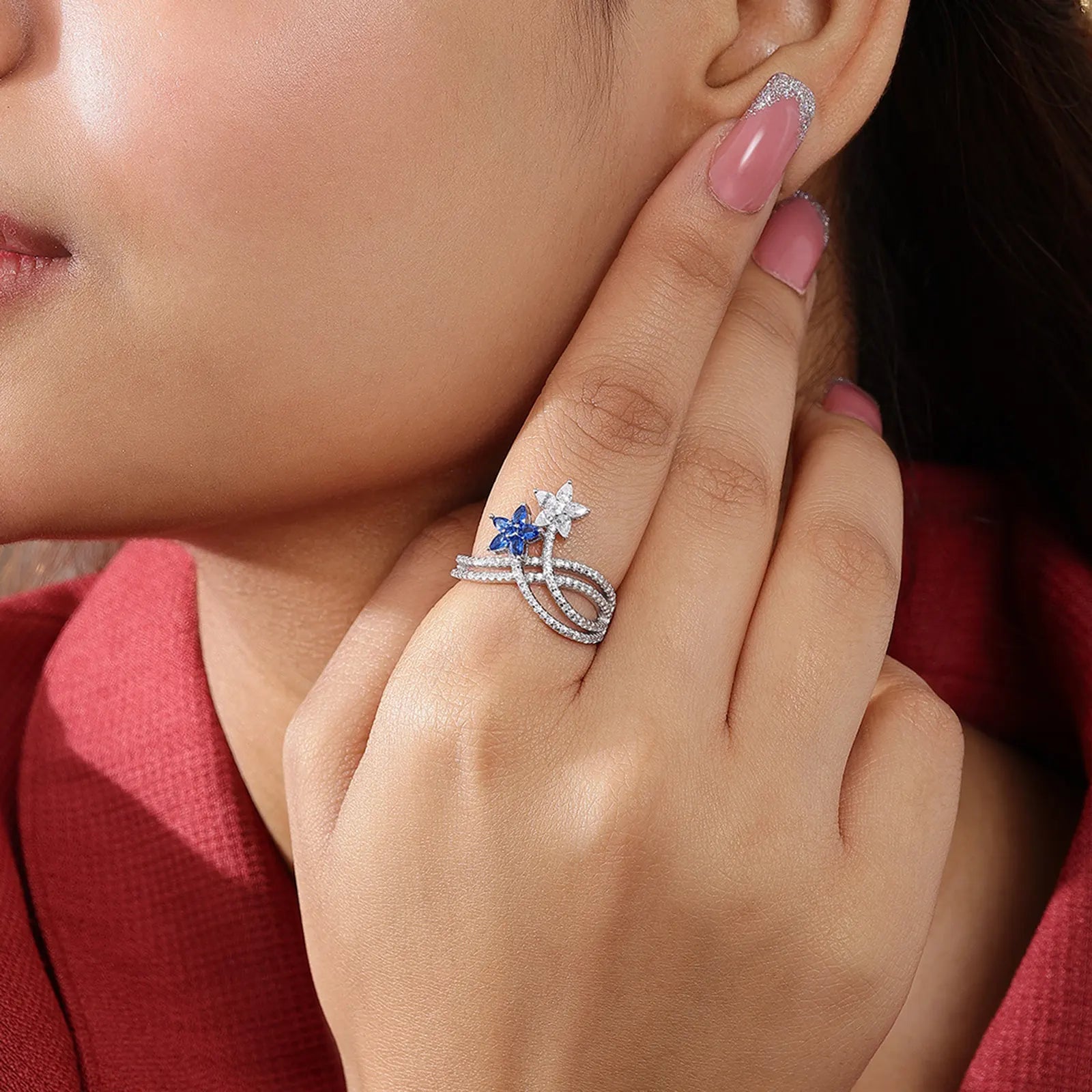 Sapphire & CZ Dual Floral Ring For Women – 925 Sterling Silver Rhodium Plated