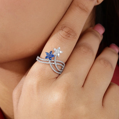 Sapphire & CZ Dual Floral Ring For Women – 925 Sterling Silver Rhodium Plated