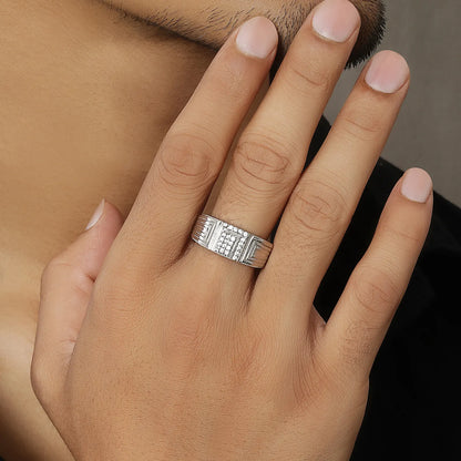 Silver CZ Studded Broad Band Ring for Men