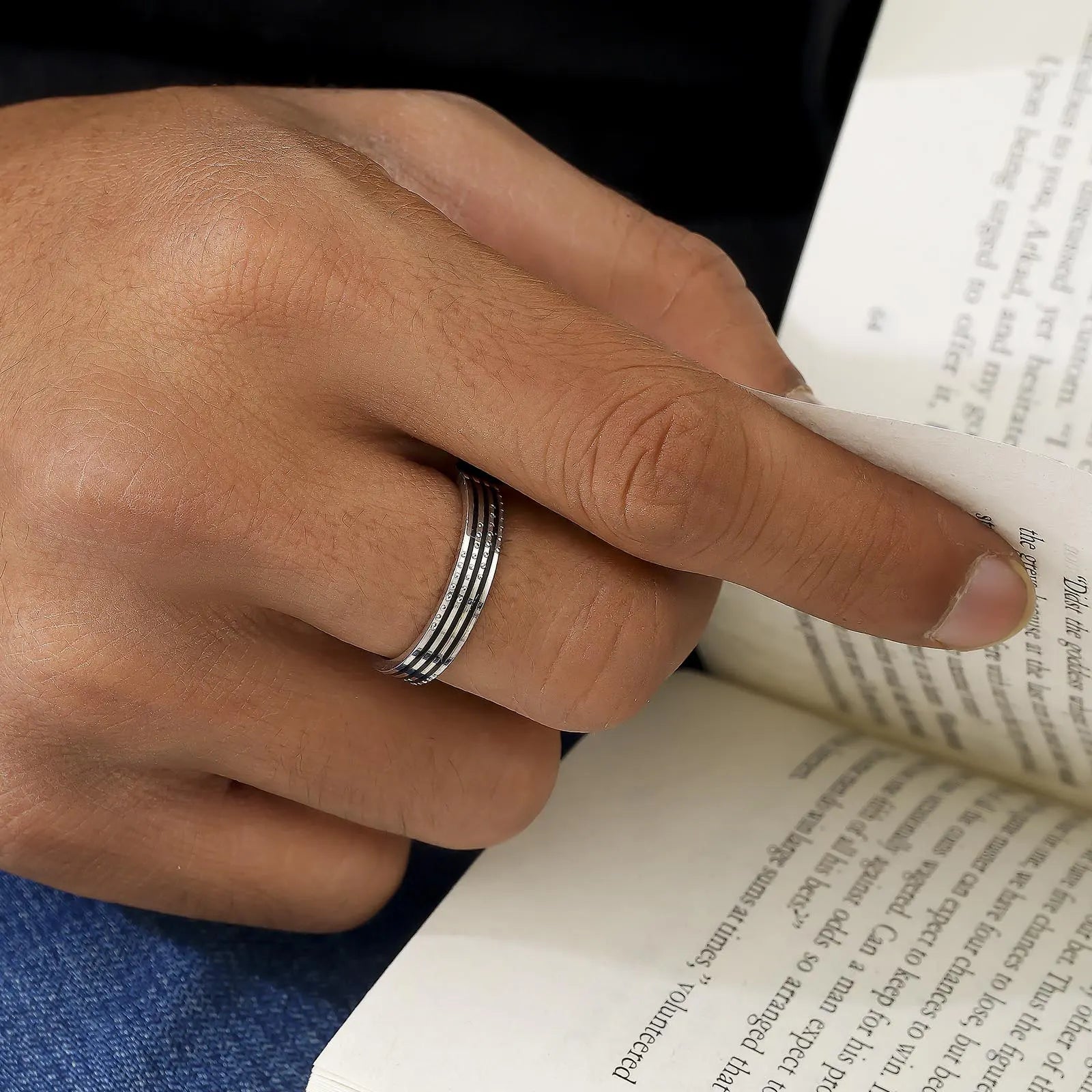 Three Black Stripes Silver Ring