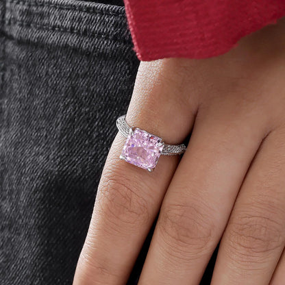 Pink Radiant Pave Ring For Women – 925 Sterling Silver Rhodium Plated