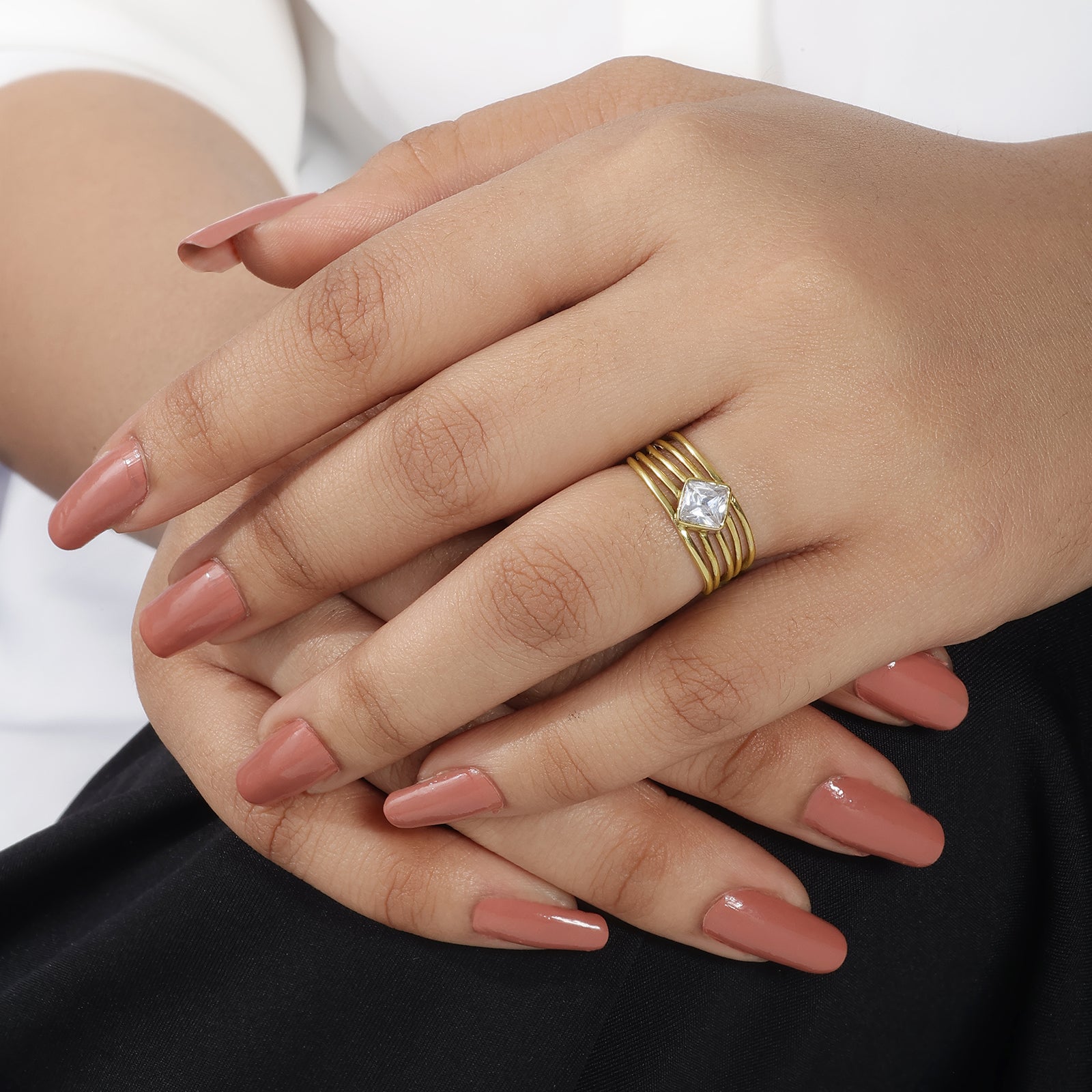 Gold Plated Simple CZ Studded Silver Ring