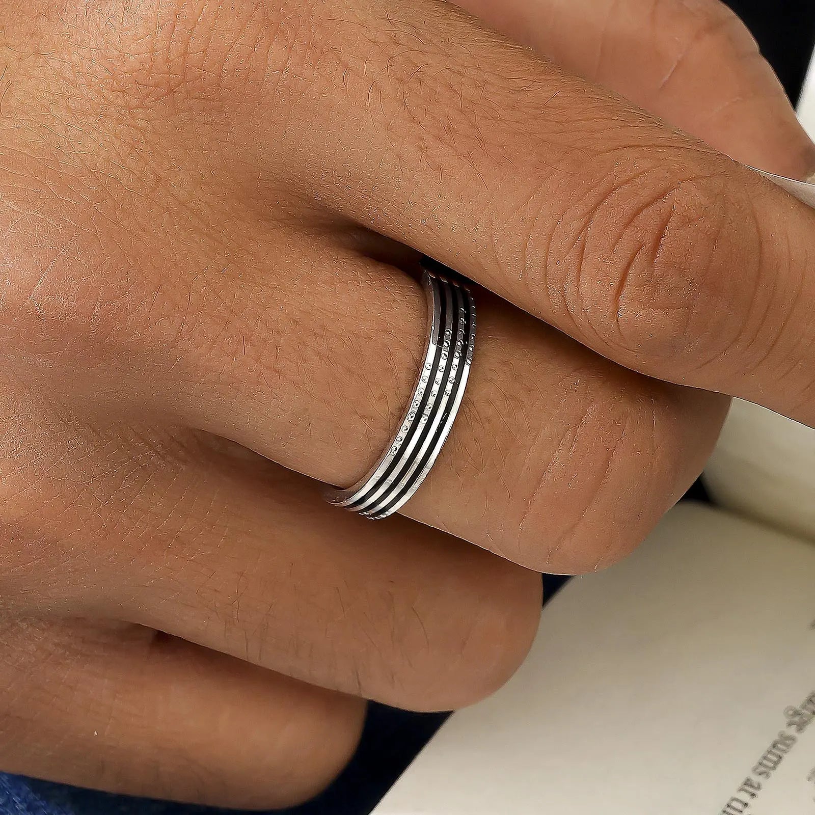 Three Black Stripes Silver Ring
