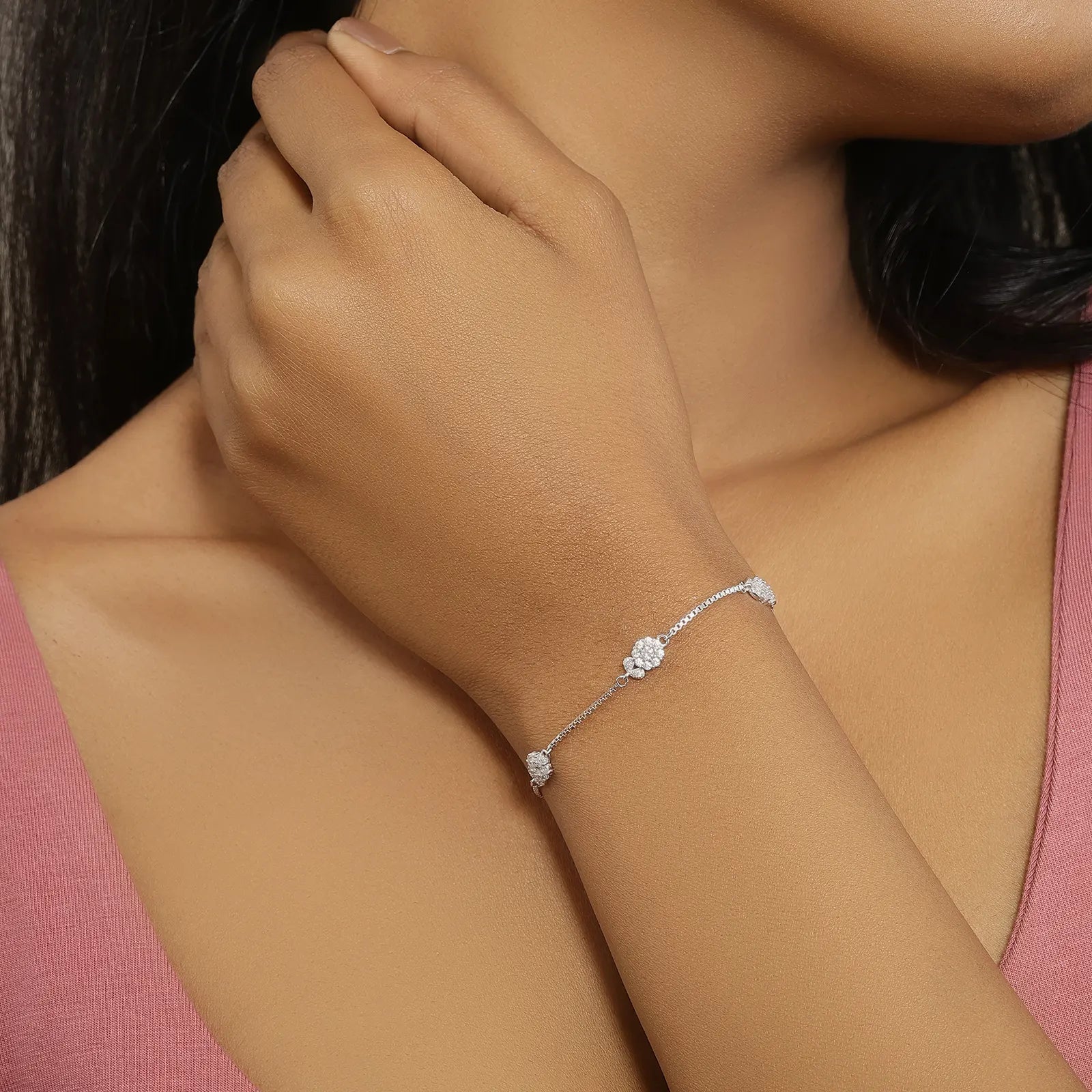 Floral Leaf Design Box Chain Silver Bracelet - Tweov Jewels