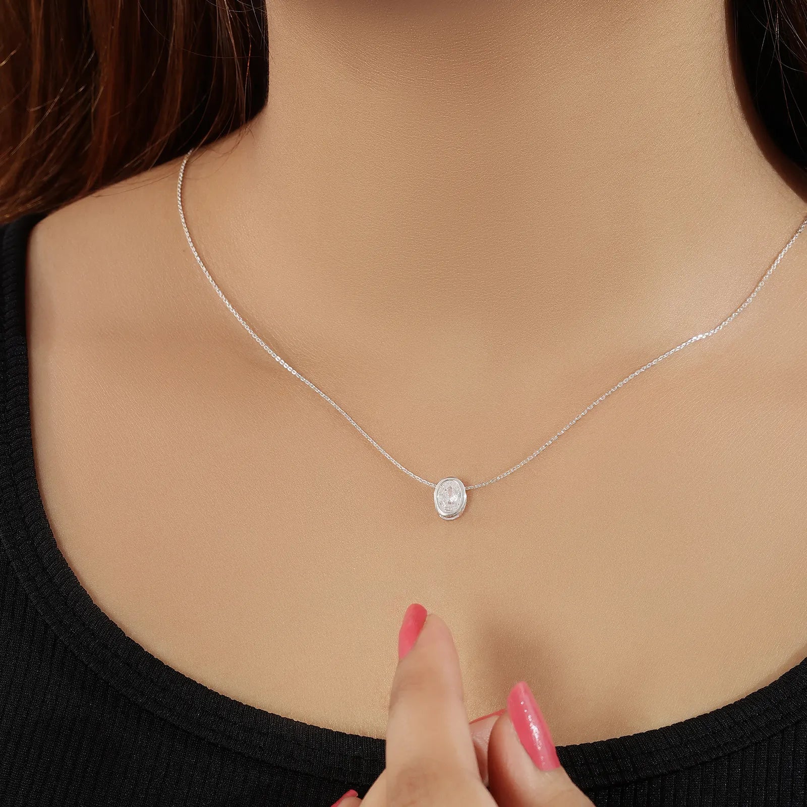 CZ Studded Silver Oval Pendant with Chain - Tweov Jewels