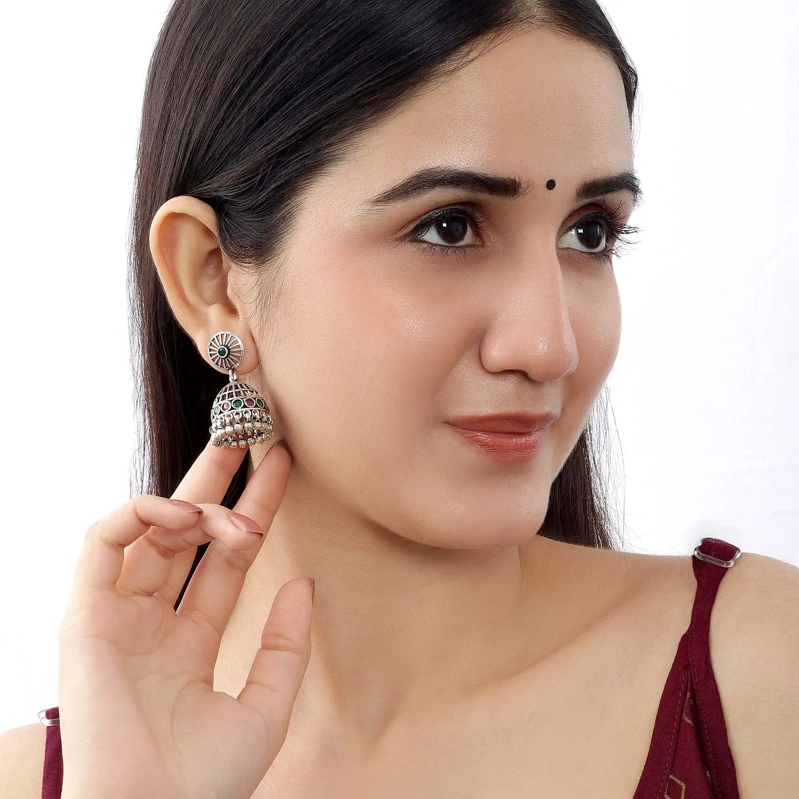 Pink & Green Stone Silver Jhumka Earrings - Tweov Jewels