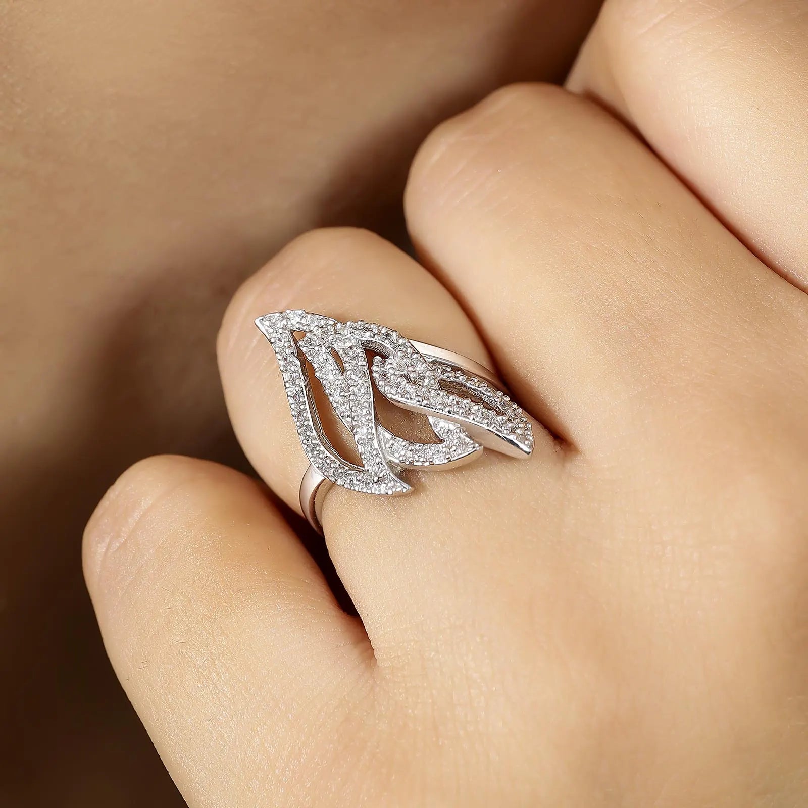Sparkling Zircon Studded Leaf Design Silver Ring - Tweov Jewels