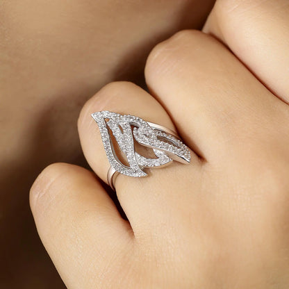Sparkling Zircon Studded Leaf Design Silver Ring - Tweov Jewels