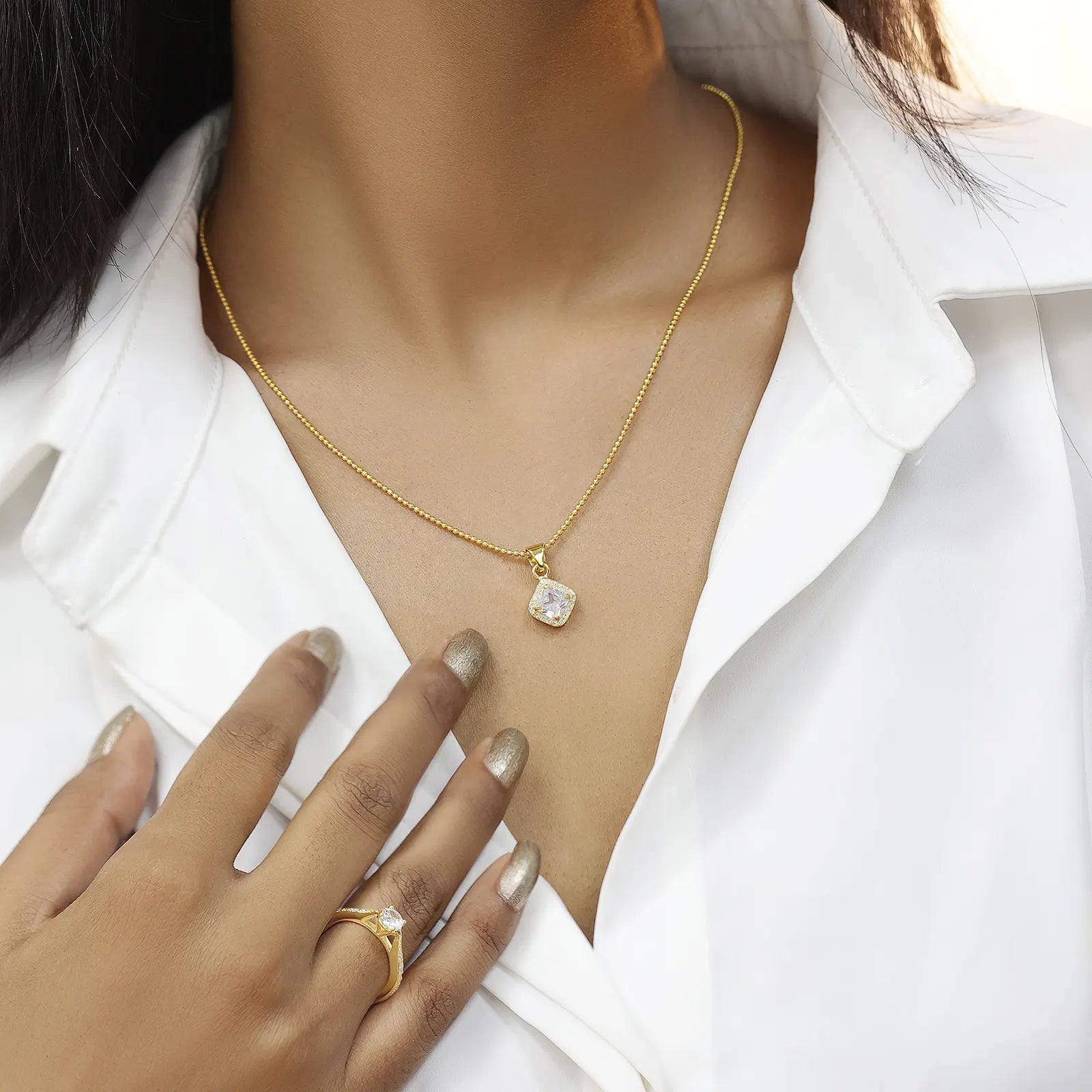 Gold Plated Square Cut AD Silver Pendant & Earrings Set