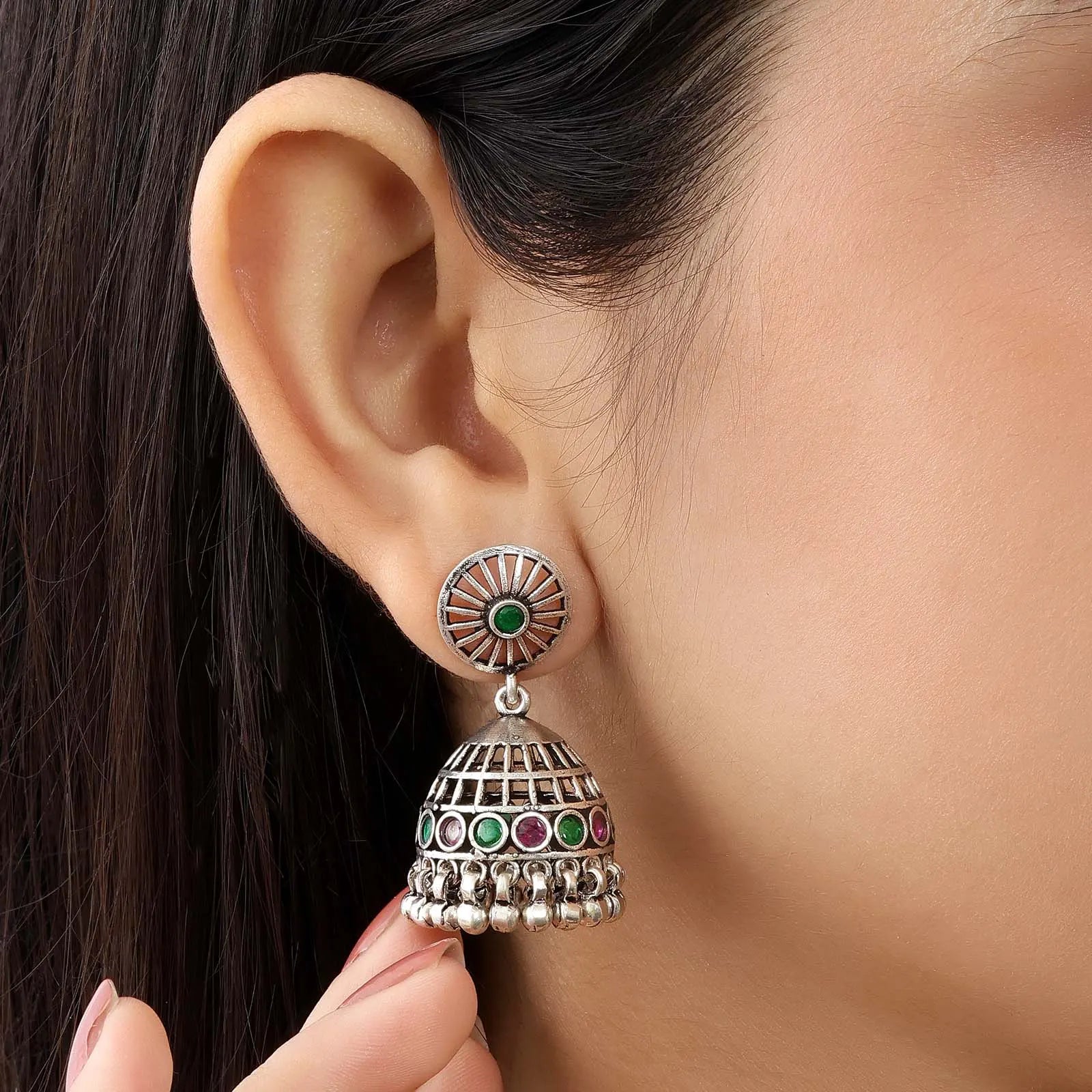 Pink & Green Stone Silver Jhumka Earrings - Tweov Jewels