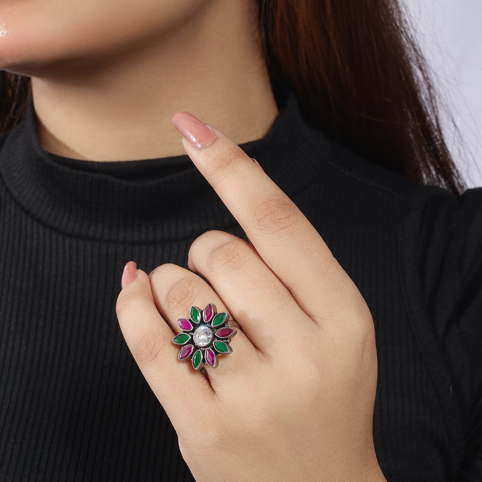 Silver Pink and Green Stone Ring