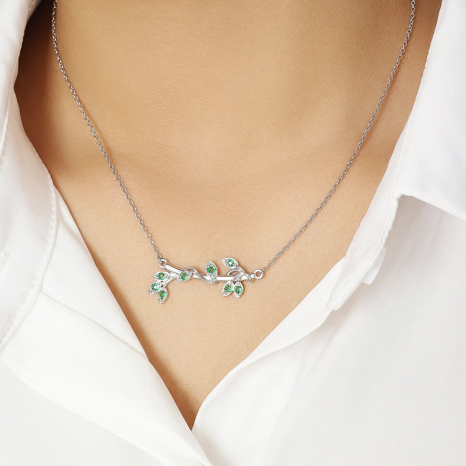 Silver Emerald Leaf Chain Necklace - Tweov Jewels