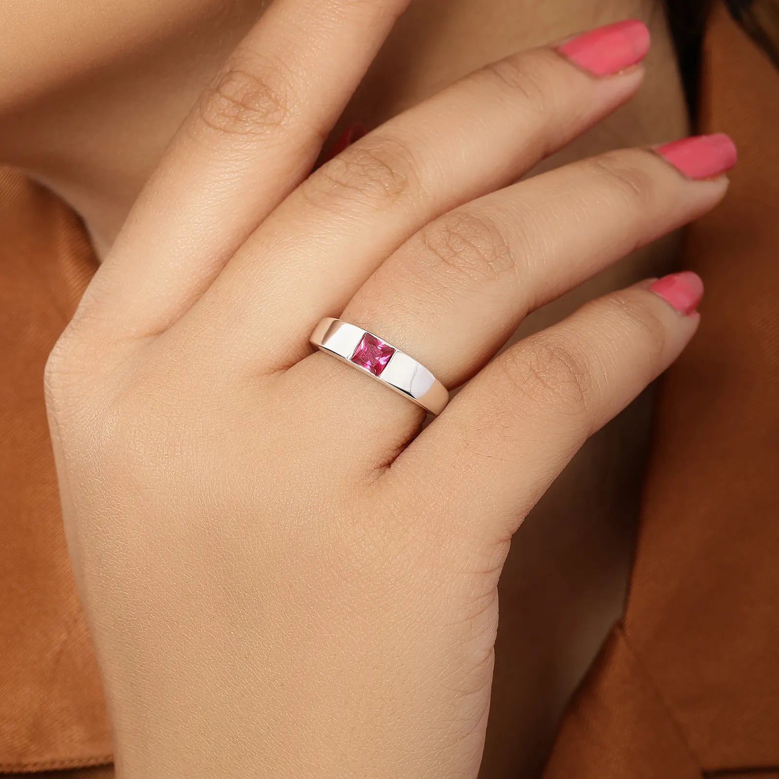 Silver Pink Ruby Stone Finger Band Ring - Tweov Jewels