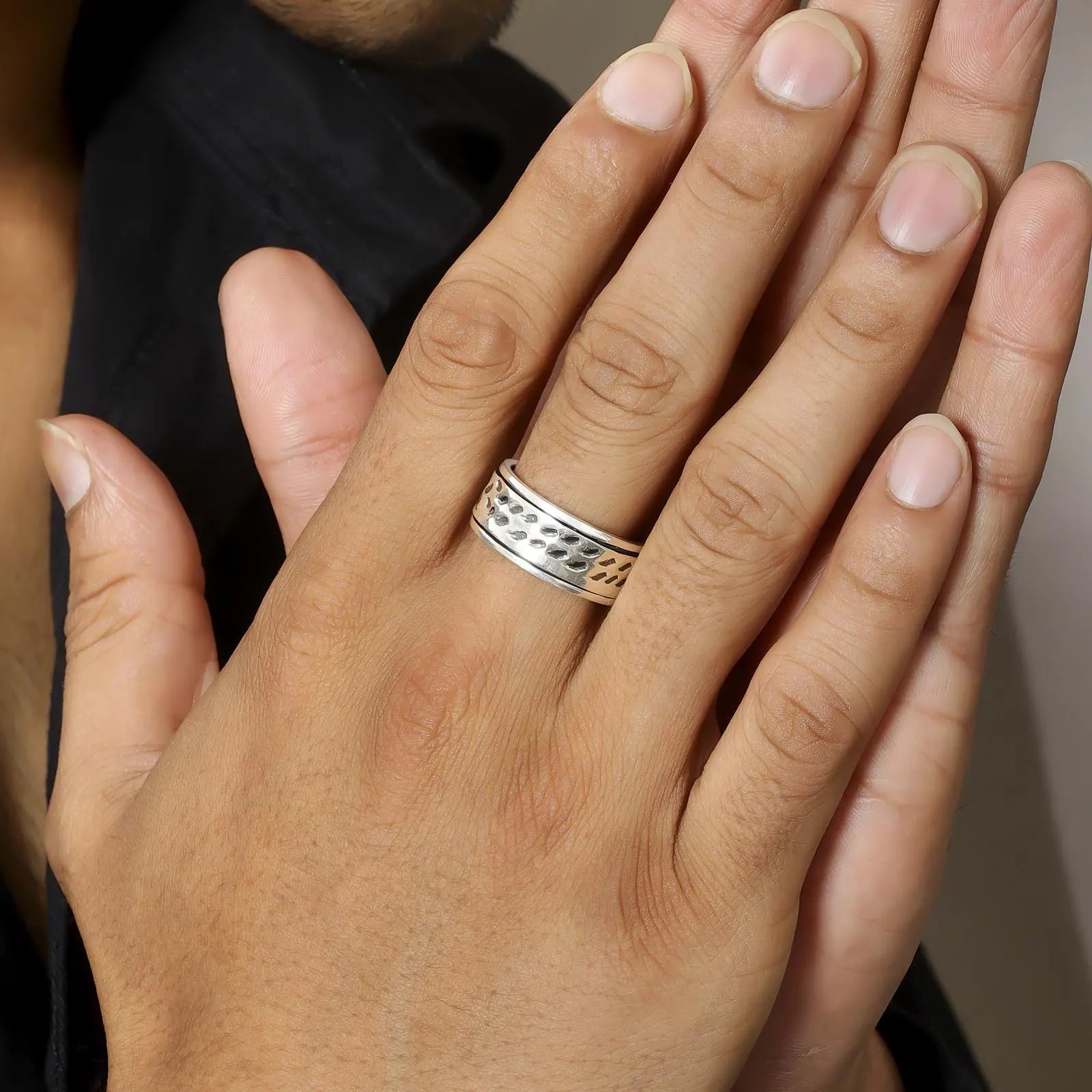 Black Stripes Carved Silver Band Ring - Tweov Jewels