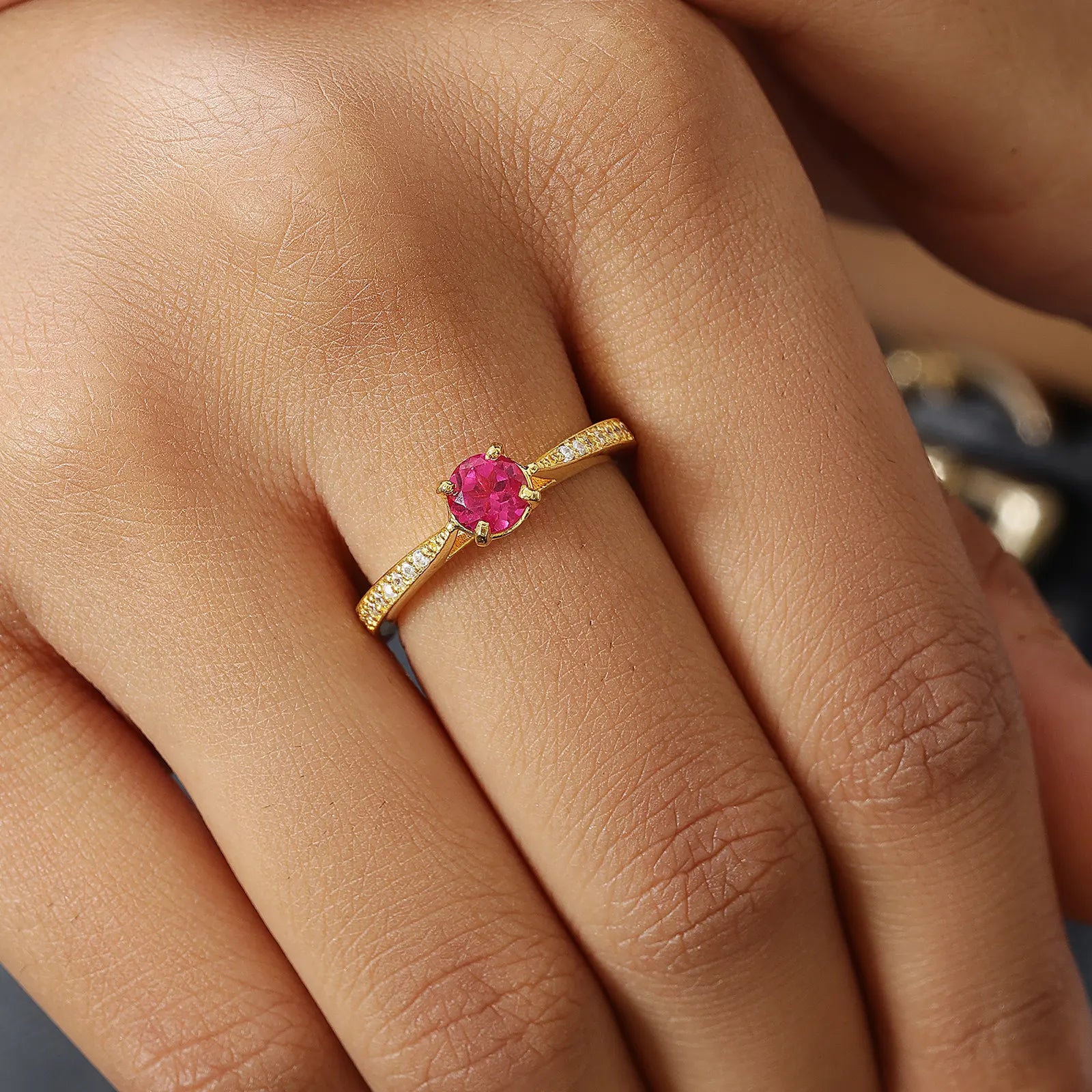 Gold Plated Silver Solitaire CZ Ruby Ring - Tweov Jewels