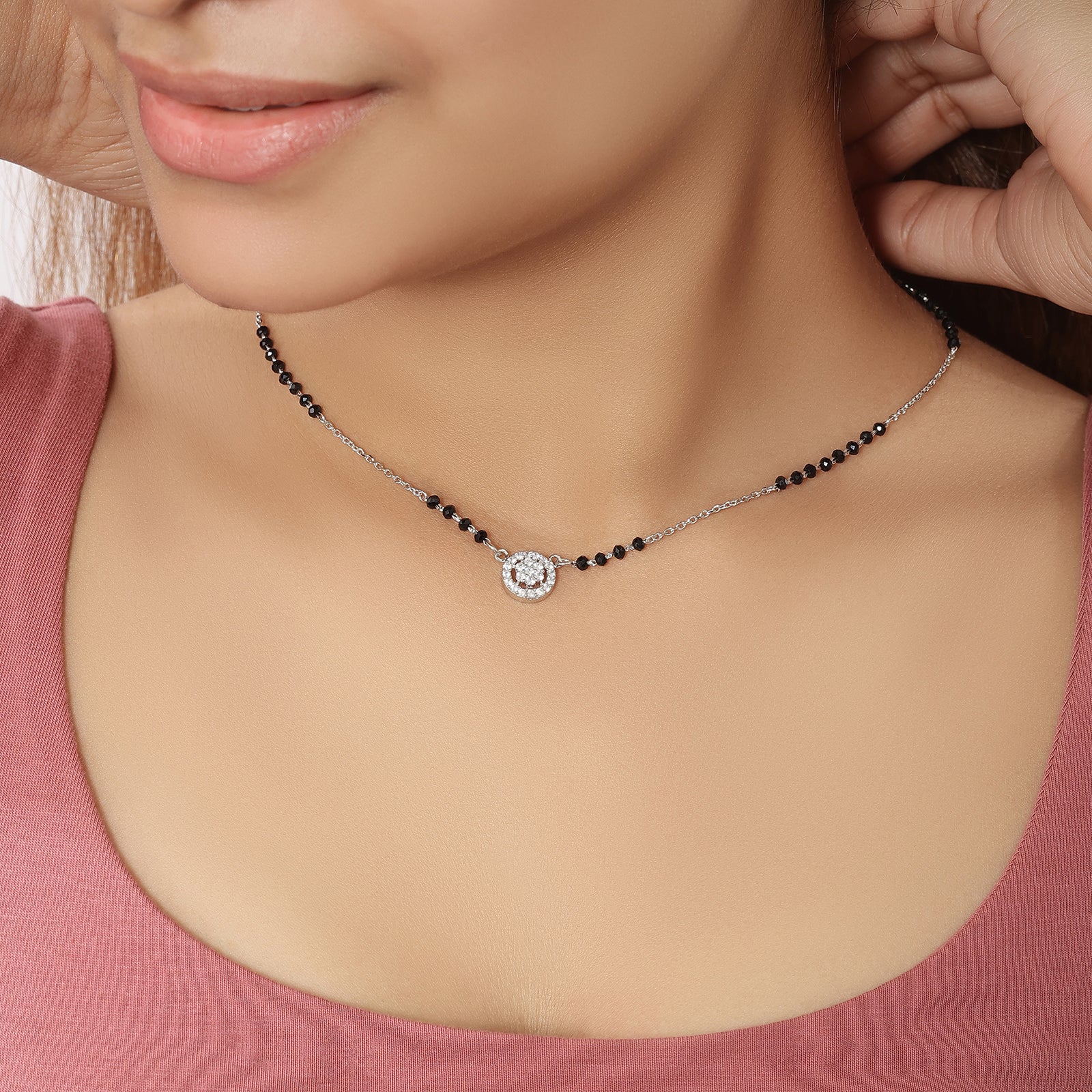 Designer AD Floral Silver Mangalsutra - Tweov Jewels
