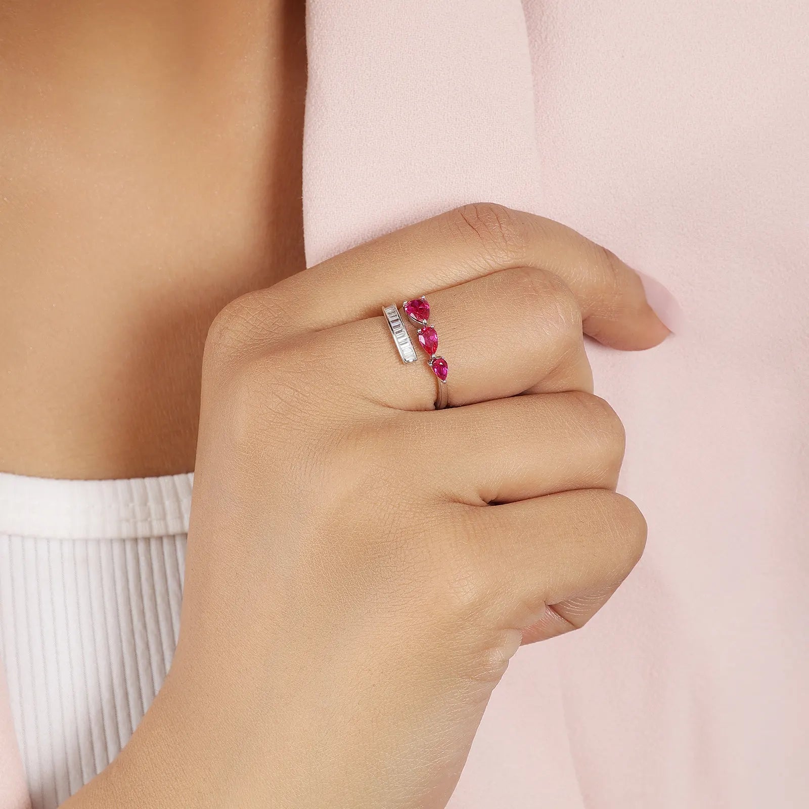Pink Stone Studded Spiral Silver Ring - Tweov Jewels