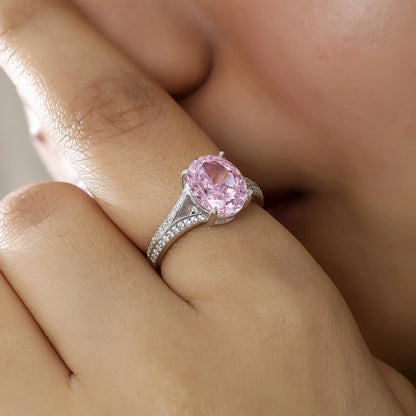 Pink Solitaire Split-Shank Ring For Women – 925 Sterling Silver Rhodium Plated