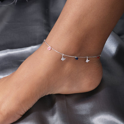 Butterfly Multicolor Crystal Silver Anklet