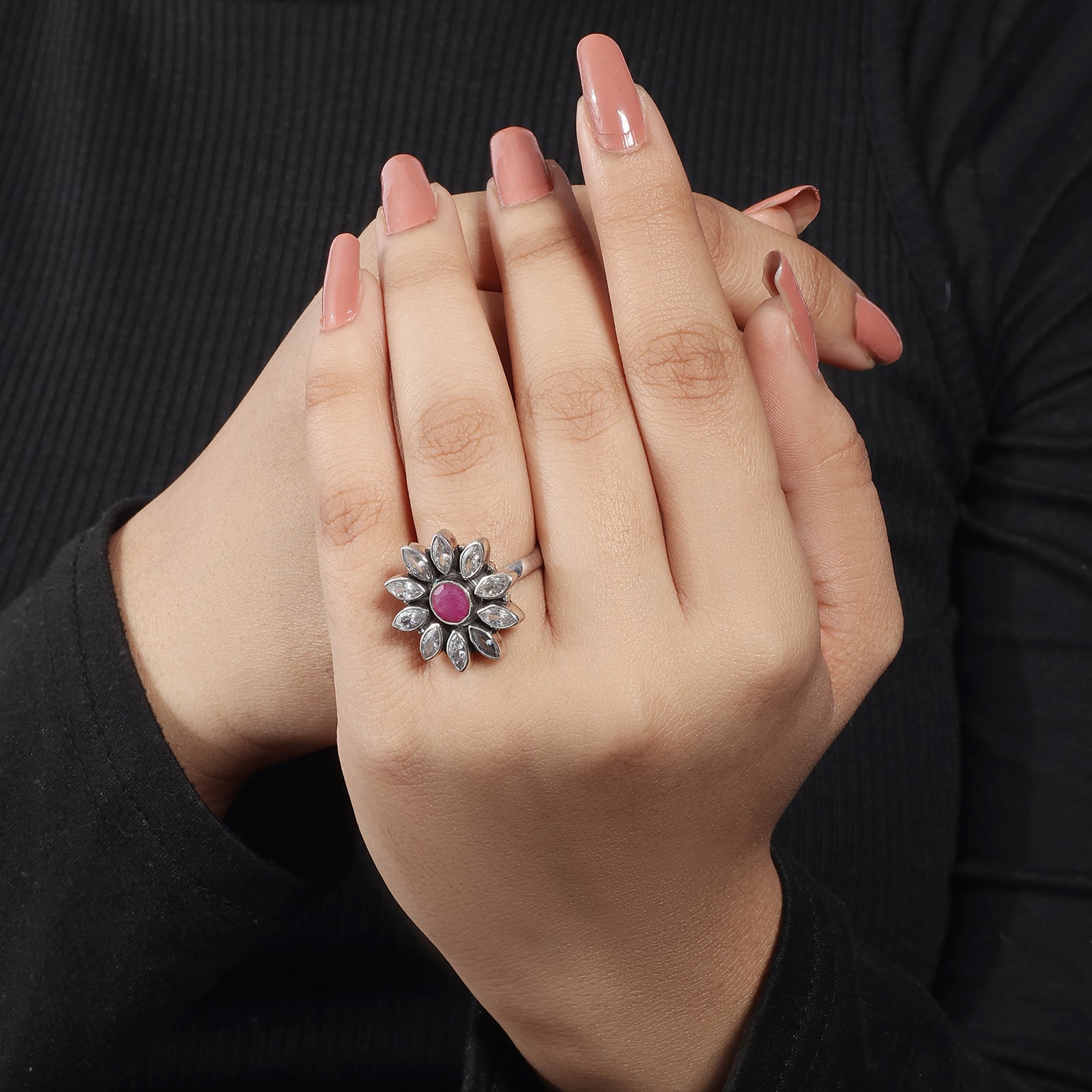 Silver Antique Floral Pink Stone Ring