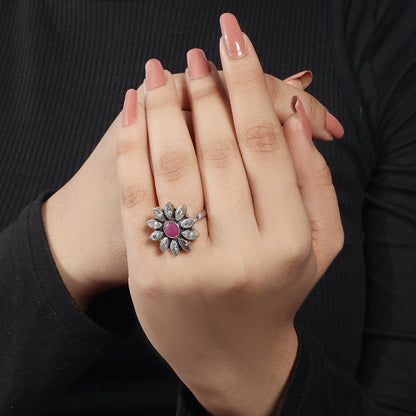 Silver Antique Floral Pink Stone Ring